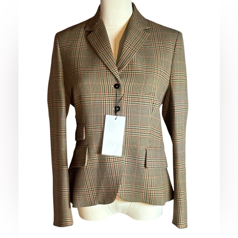 ZARA NWT Brown Tweed Plaid  Fitted Blazer in Sz S - Picture 4 of 10